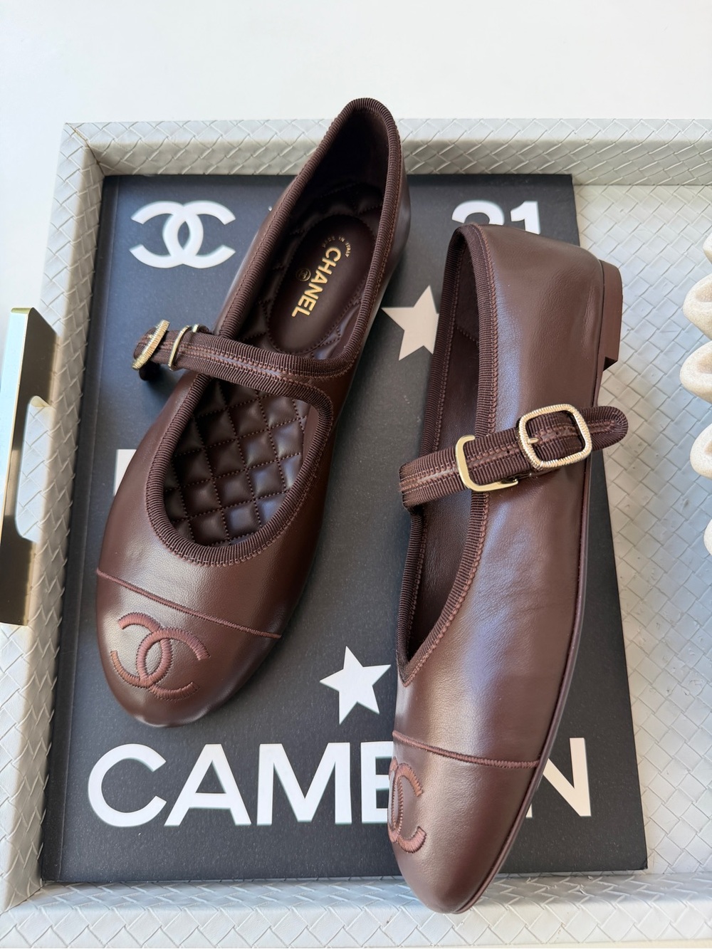 CHANEL CC LOGO BROWN MARRON FONCE LEATHER MARYJANE BALLET FLATS SHOES GHW 40.5C - Picture 9 of 13